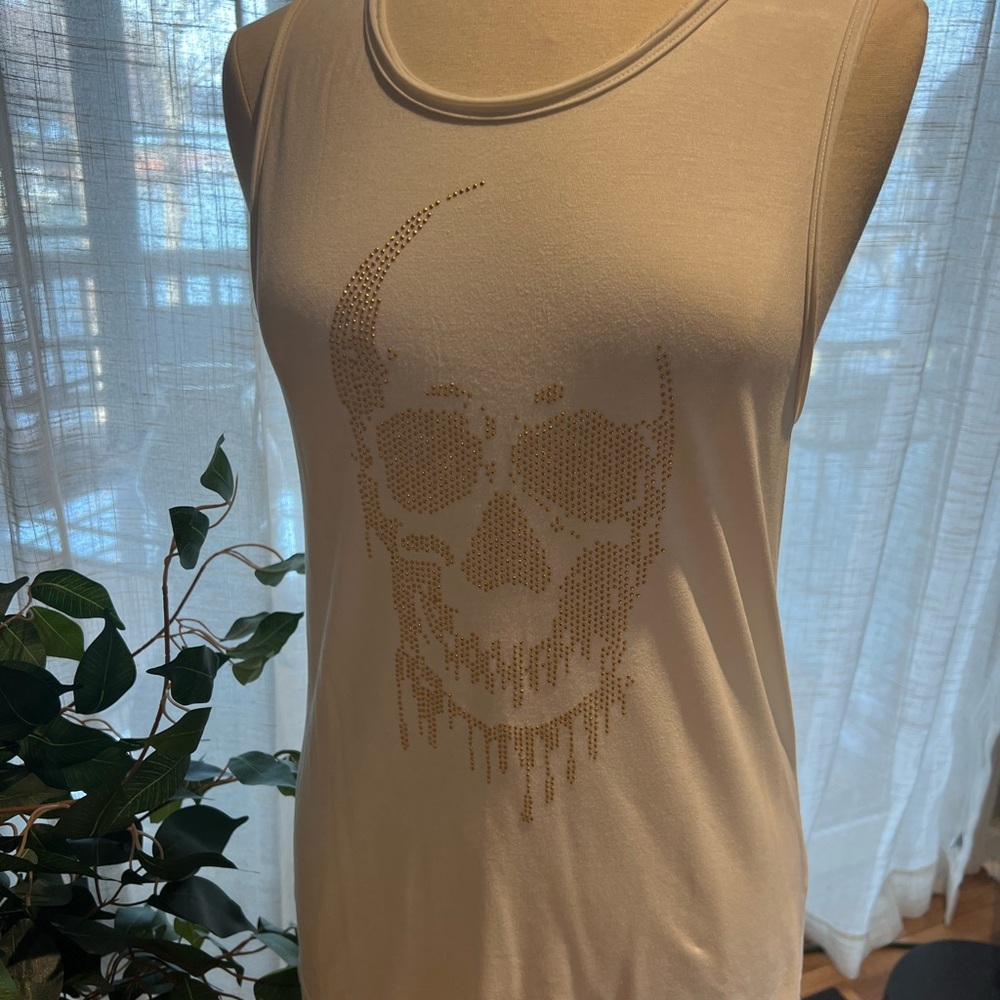 White Tank Top with Gold Skull Design